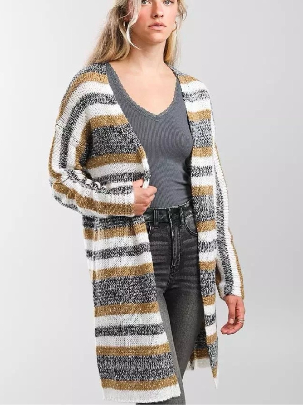 Buckle Daytrip Shredded Back Open Cardigan Sweater Women’s Large Multi Color